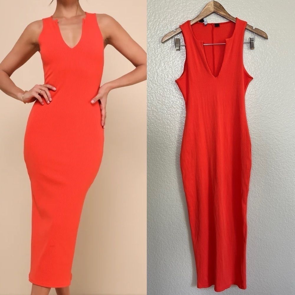 NWOT Effortless Behavior Neon Orange Ribbed Sleeveless Midi Dress